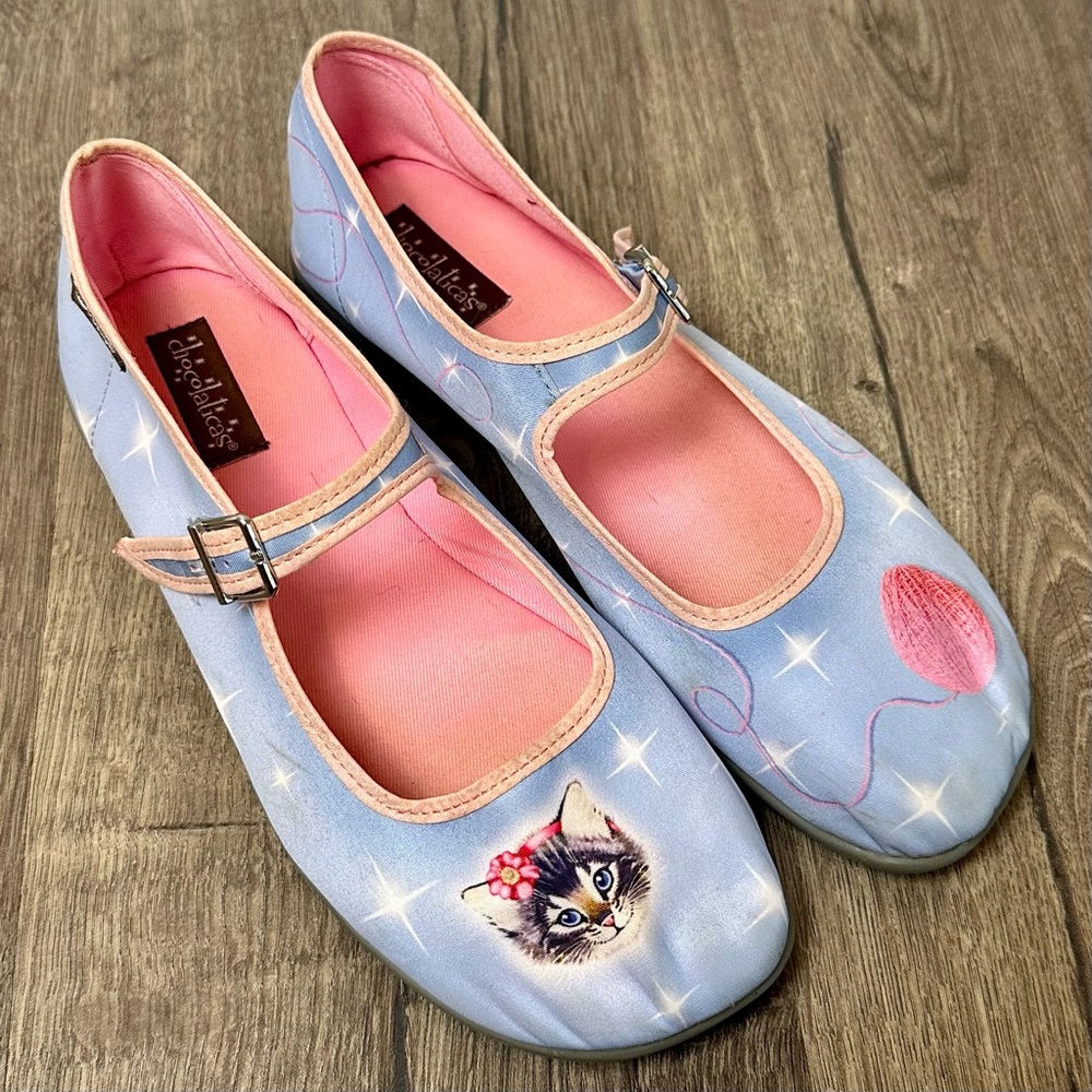 Chocolaticas Blue & Punk Cat Print Mary Jane Shoes Women’s Size 11